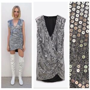 Zara Silver Sequins Draped Mini Dress M